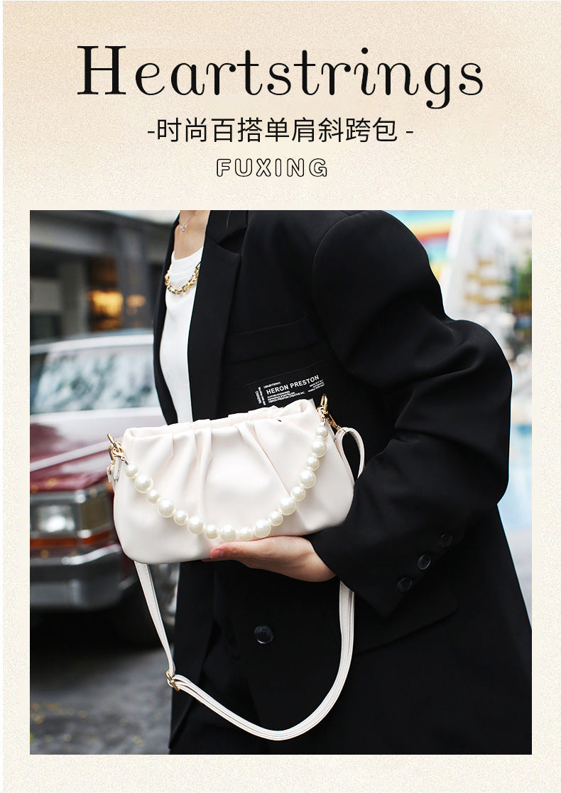 New retro ins pleated shoulder bag pearl chain small fragrant women's bag Korean version versatile portable messenger bag