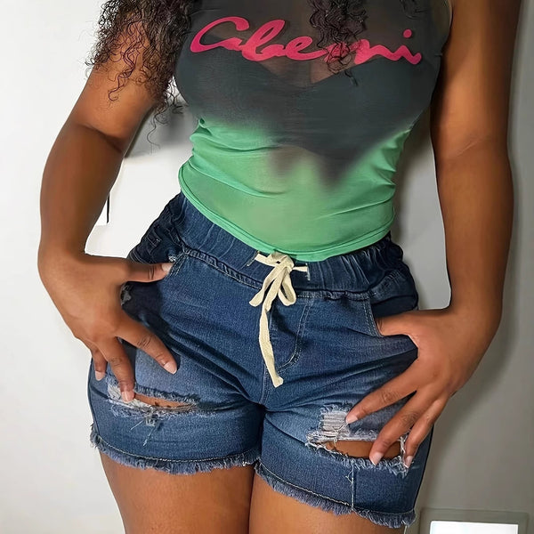 Cross-border summer new knitted embroidery simple casual versatile denim shorts hole trend European and American explosion