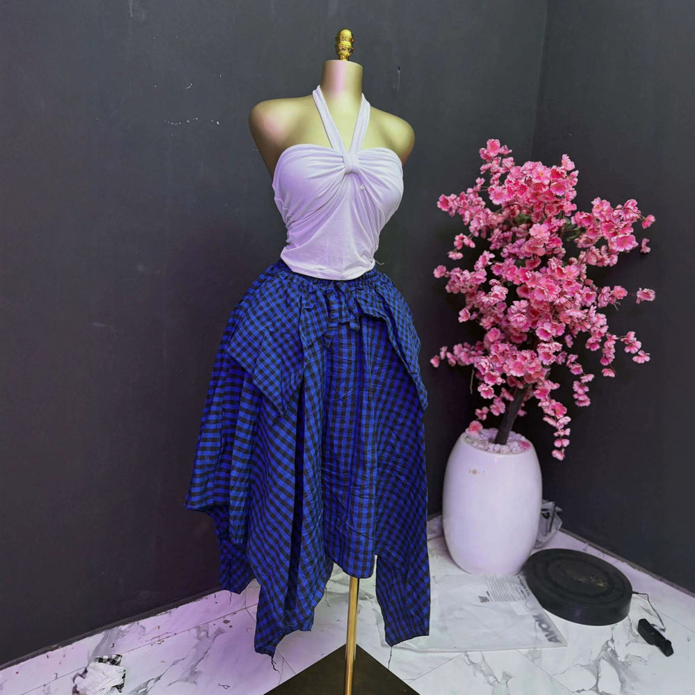 European and american cross-border women's fashion:  summer new arrivals - high-waisted, asymmetrical, mid-length plaid a-line skirt