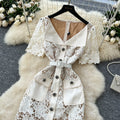 Luxury chic court style collared dress - women's summer hollow-out crochet embroidery single-breasted design exquisite maxi dress