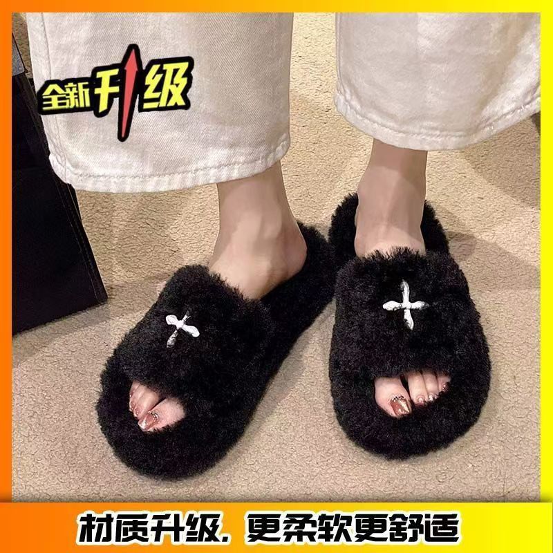 Celebrity style letter fur slippers thick soleoutwearfashioneasiest for match2024 autumn and winter new arrival women's home cotton slippers