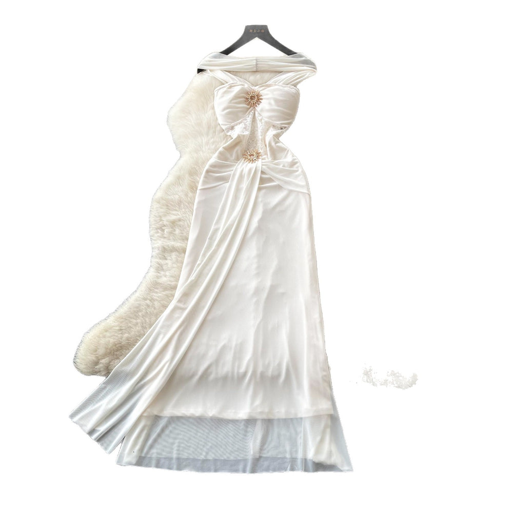 French halter lace white dress women's summer sleeveless waist slimming look a-line long skirt accessible luxuryelegance style