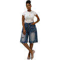 European and american style retro faux two-piece denim shorts -  cross-border women's summer distressed high-waisted capri jeans