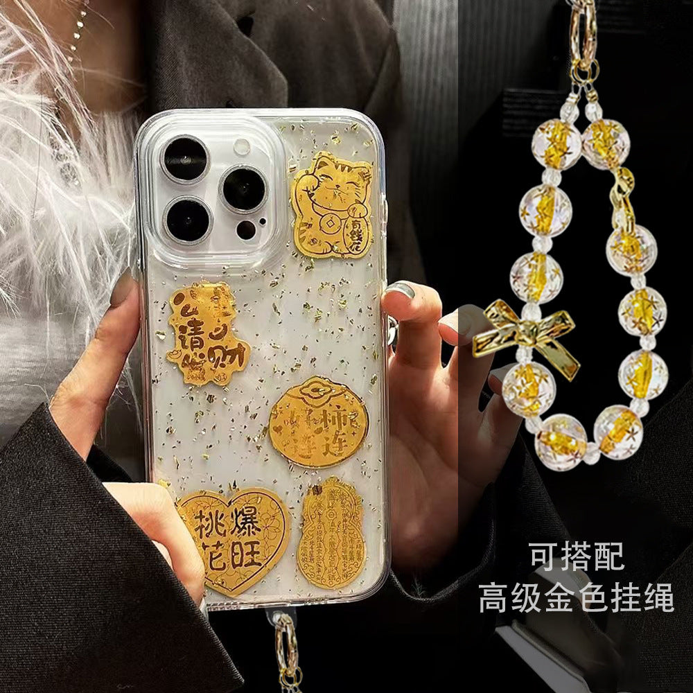 Suitable for apple 16pro transparent glue gold foil text mobile phone case iphone13/15 acrylic protective cover 12