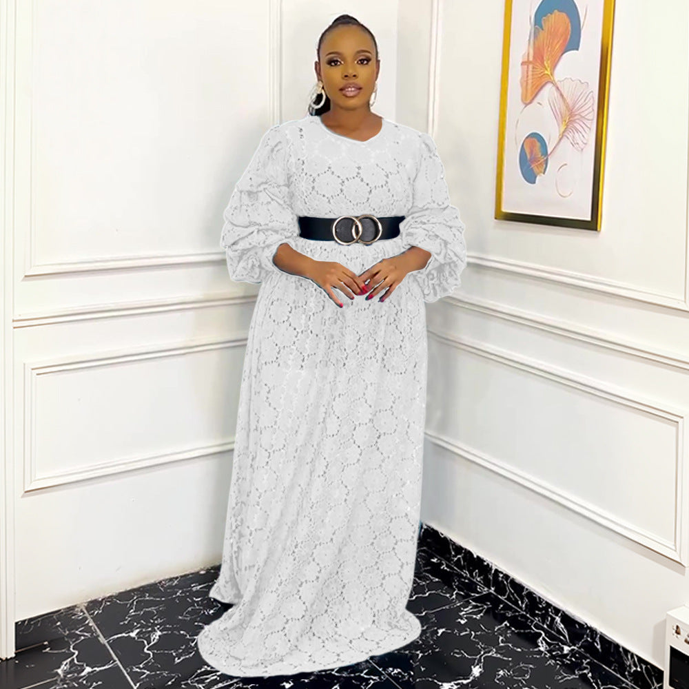 European and american  african robe plus size women's clothing african  cross-border foreign trade round neck lace dress