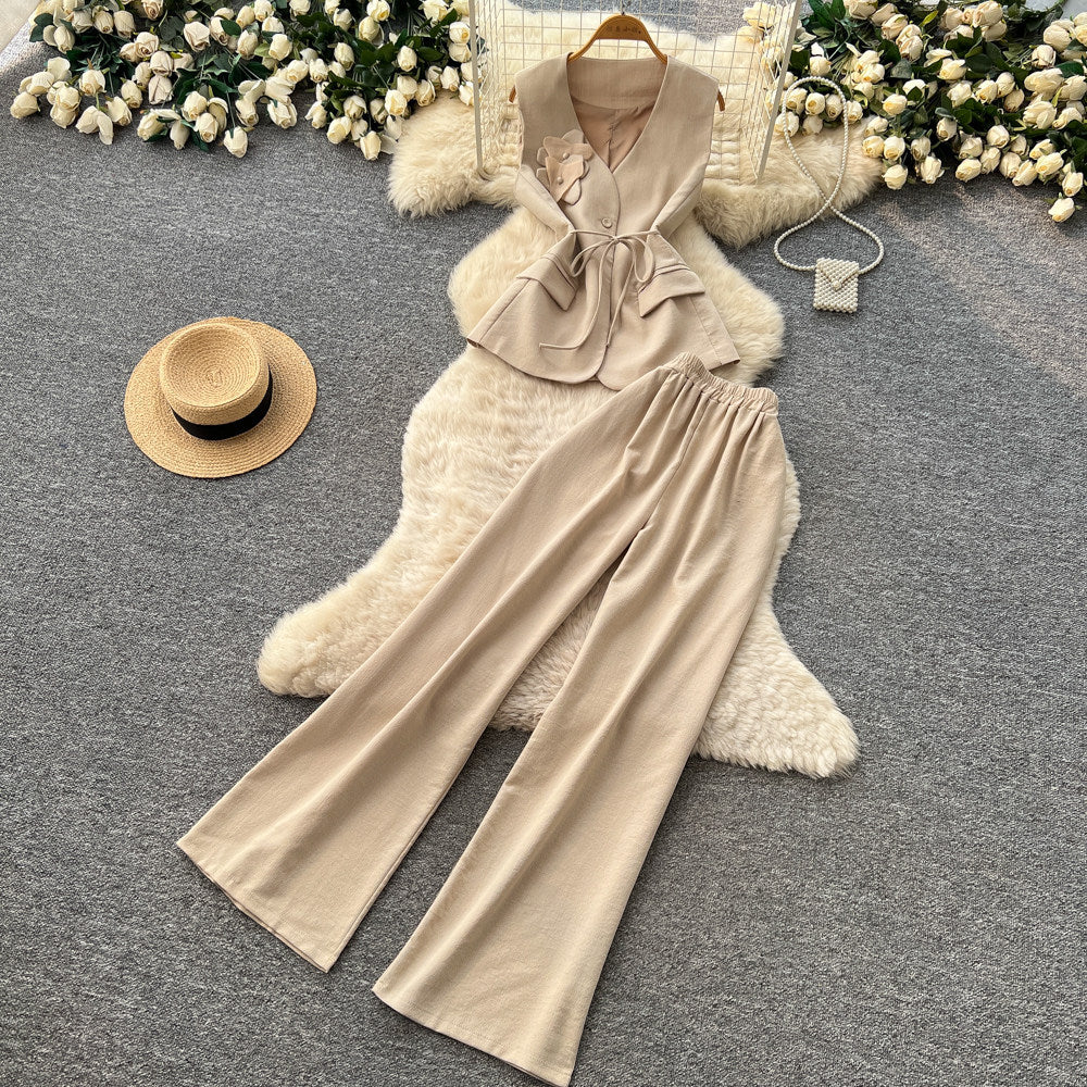 Lightly mature elegance style strappy eleganttwo-piece set women's summer age-reducing work clothing suit collar loose pantseasiest for matchsuit