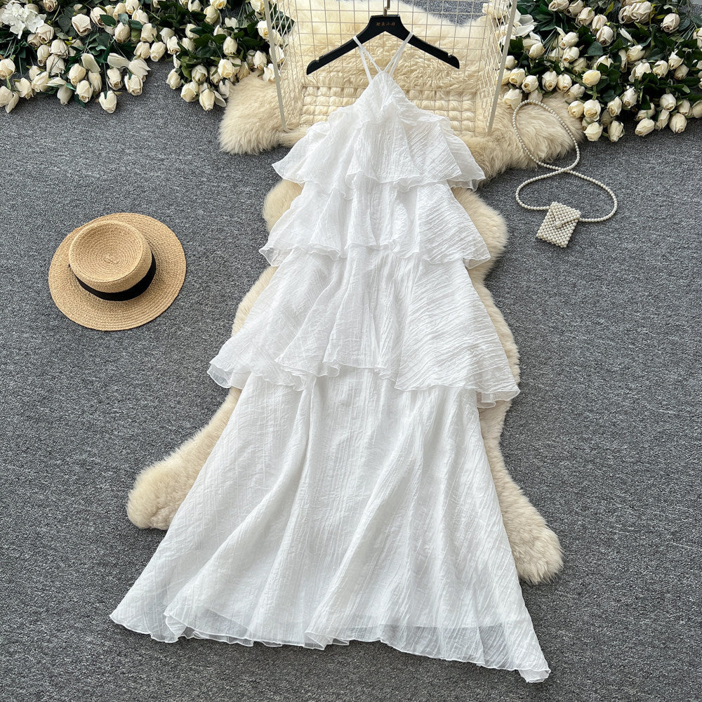 Vacation-style sleeveless romantic yellow cake dress - women's summer ruffle trim slimming fairy dress