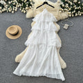 Vacation-style sleeveless romantic yellow cake dress - women's summer ruffle trim slimming fairy dress