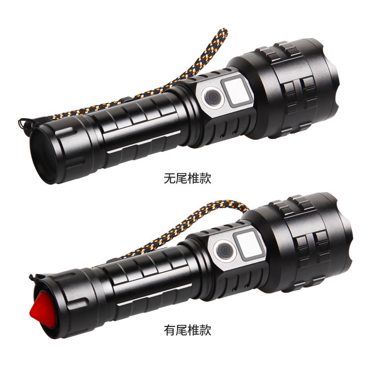 Cross-border new XHP-70 strong light Ttpe-c charging power display safety tail hammer retractable zoom flashlight