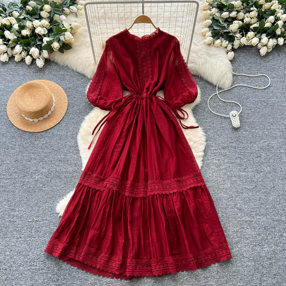 French chic lace-trimmed lantern sleeve dress - slimming, elegant, and flowy maxi dress with tie waist