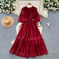 French chic lace-trimmed lantern sleeve dress - slimming, elegant, and flowy maxi dress with tie waist