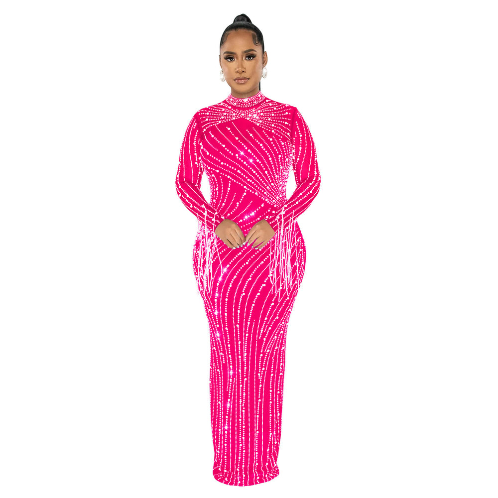 C6266   fashion women's mesh see-through rhinestone long sleeve maxi dress lined two-piece set