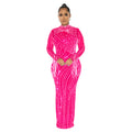 C6266   fashion women's mesh see-through rhinestone long sleeve maxi dress lined two-piece set
