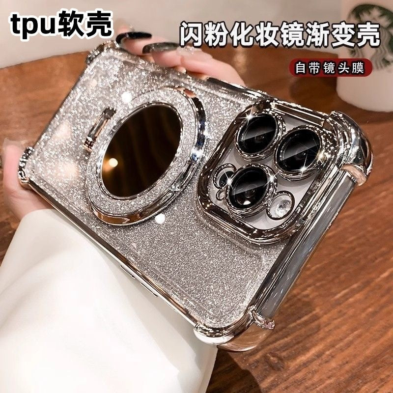Glitter mirror magnetic stand iphone 17 case, compatible with apple 15, minimalist four-corner transparent electroplated soft case