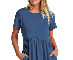 Spot 2024 new women's clothing   explosion temperament round neck pleated solid color pendulum dress