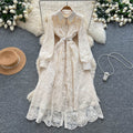 French chic elegant high-end embroidered mesh dress - women's autumn tie-waist single-breasted maxi dress