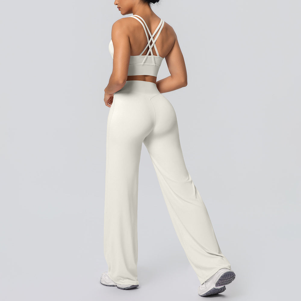 Sexy criss-cross back sports bra set with high-waisted straight-leg wide-leg yoga pants - quick-dry outerwear for running and fitness