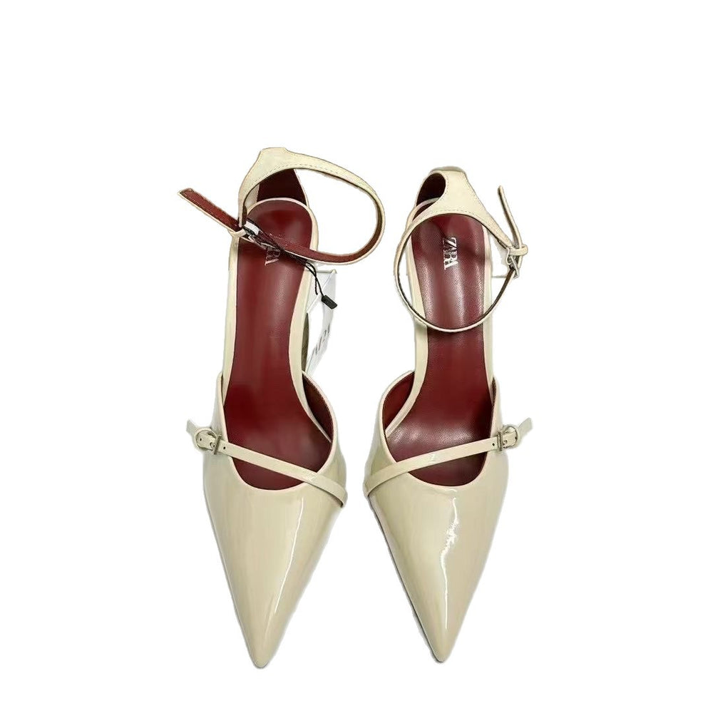 Za2025 summer new pointed-toe stiletto heels - wine red patent leather, single buckle, thin strap women's high heels