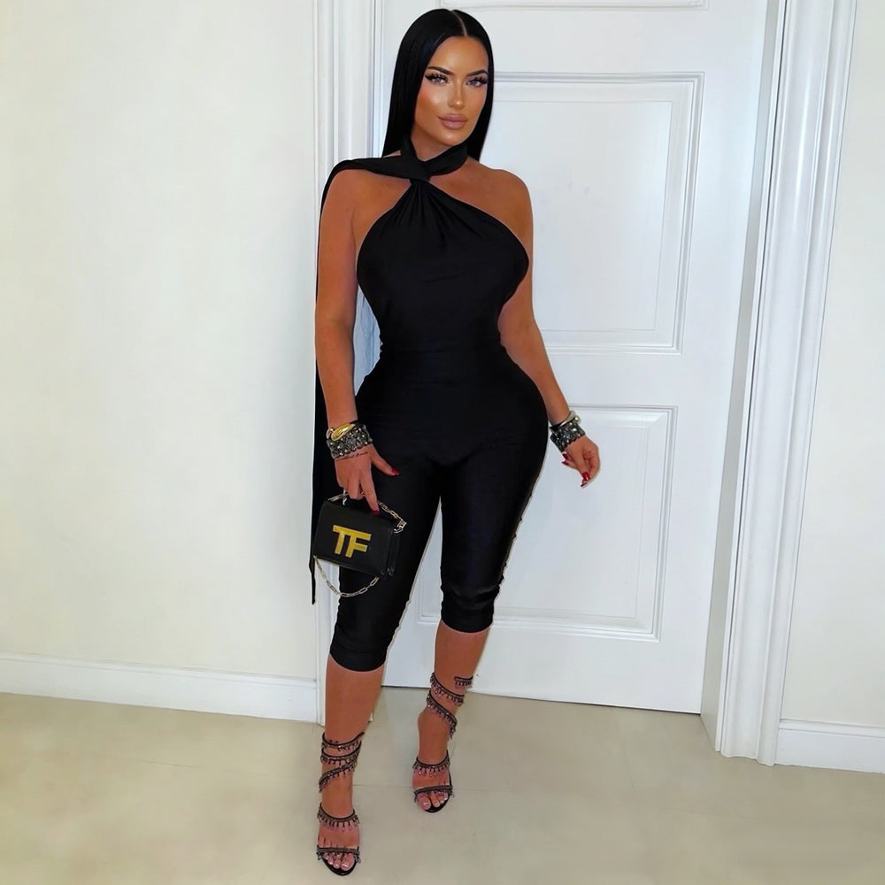 C7719 cross-border   fashion women's sexy casual solid color open-back jumpsuit