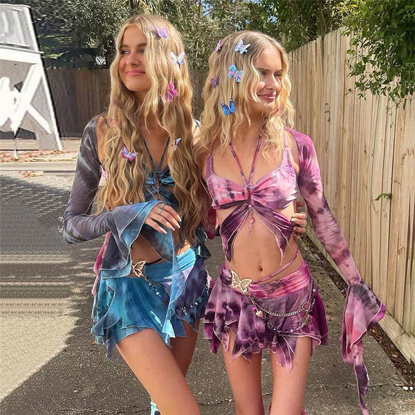 European and American women's clothing spring and summer new sweet wind horn sleeves butterfly printing tassel lace hollow sexy skirt set