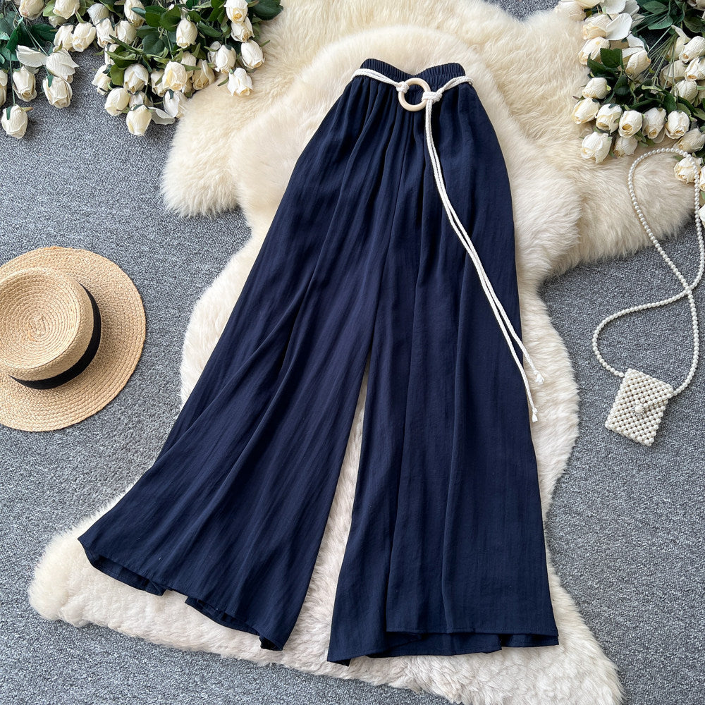 Retrowork clothing style high waistcasualloose pants women's summerlooseslimming lookdrapedtie backcasualpants relaxation