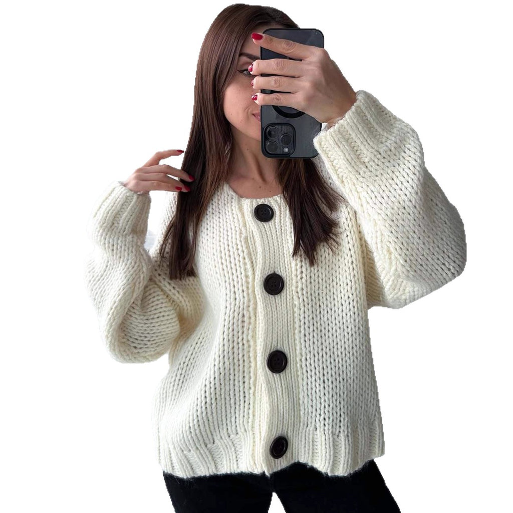 Cross-border Europe, America and 2025 new lazy style round neck single-row button loose fashion casual knitted cardigan wholesale
