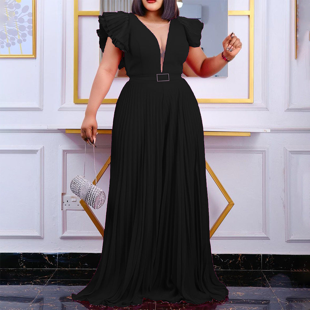 C8491p: new european and american style sexy short-sleeve pleated wide-leg jumpsuit with belt – perfect for cross-border e-commerce on  and
