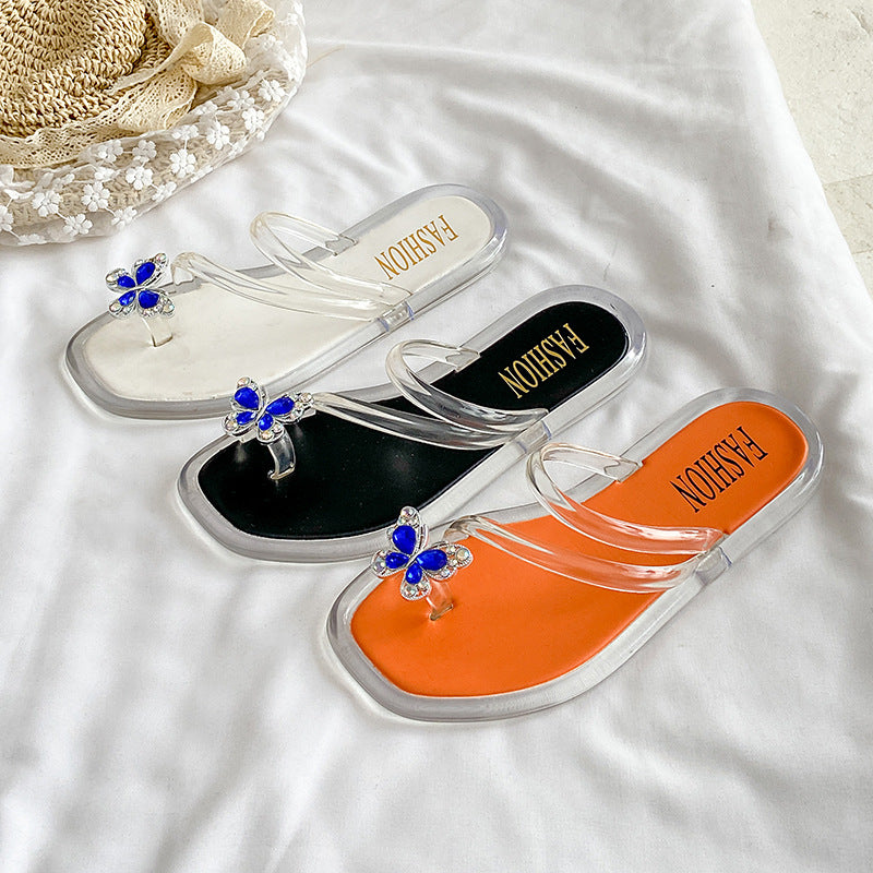New fashion transparent sapphire butterfly flip-flops women's summer outwear new crystal non-slip popular beach flip-flops