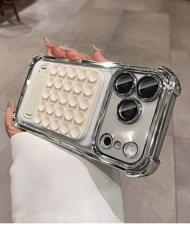 Silicone suction cup kickstand case for iphone 17 pro max, apple 15 electroplated four-corner shockproof phone case