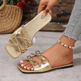 summer export flat heel bowknot beach sandals women's square toe one-strap plus size fashion sandals