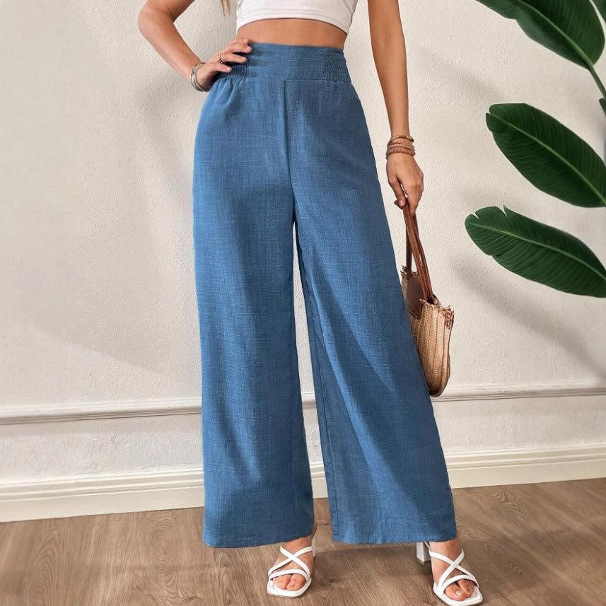 european and american cross-border  spring/summer new women's solid color shirred patchwork high-waisted slimming wide-leg pants