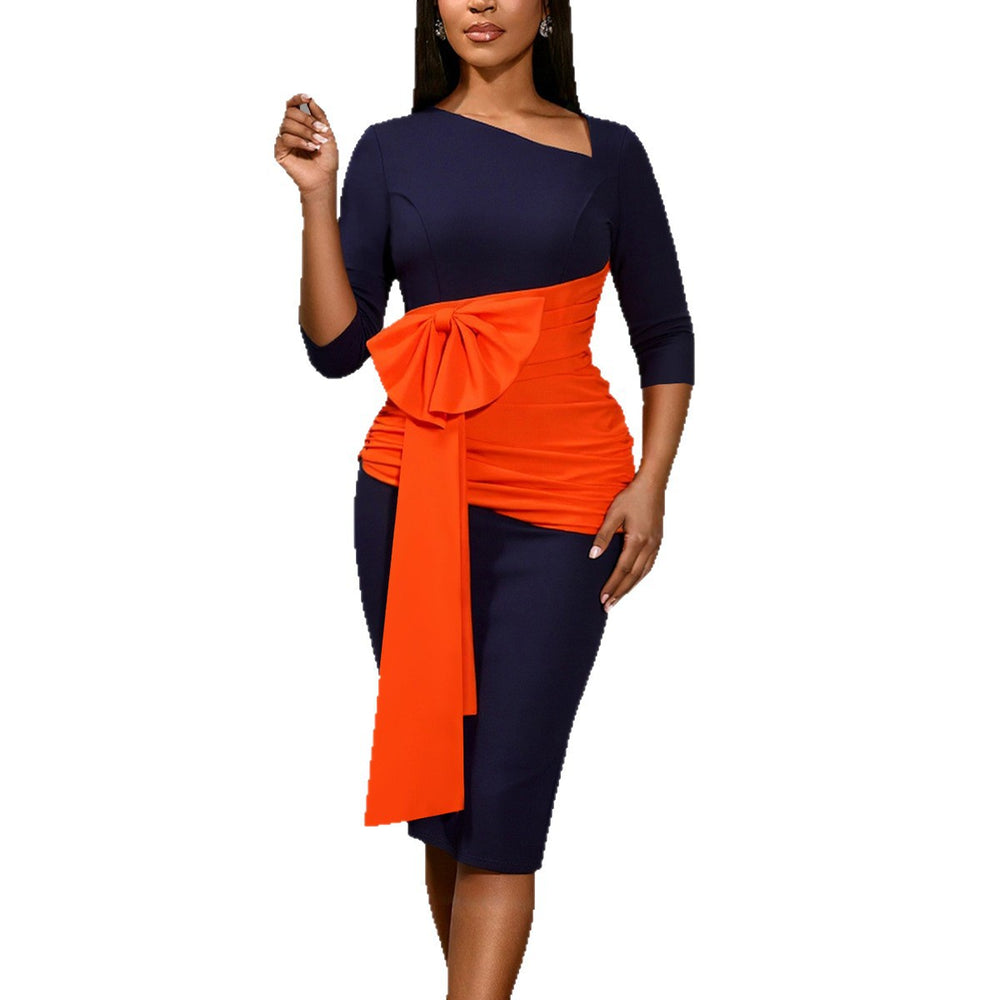 Slant collar contrast colorpatchwork party dress, mid-sleeve waist, asymmetrical pleated bowsilm hip skirt