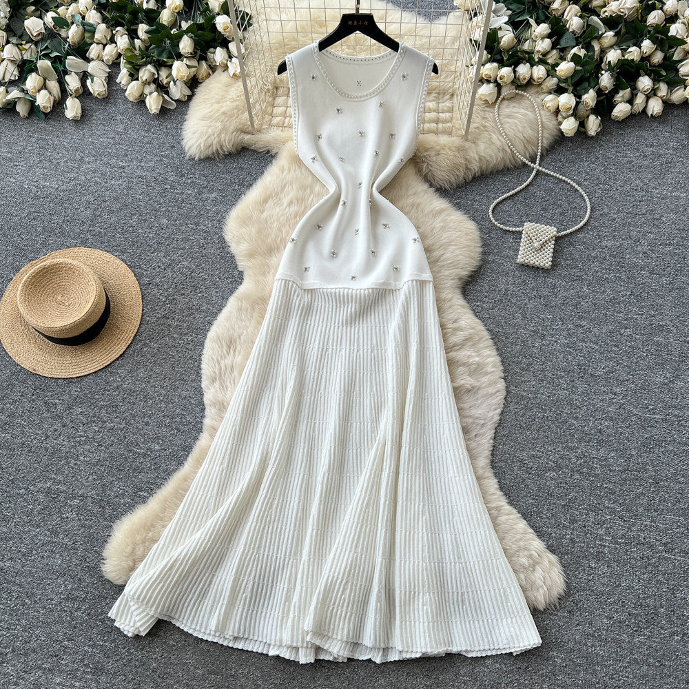 French chic sleeveless beaded knit dress - women's summer high-waisted a-line dress - slimming, elegant, and versatile workwear maxi dress