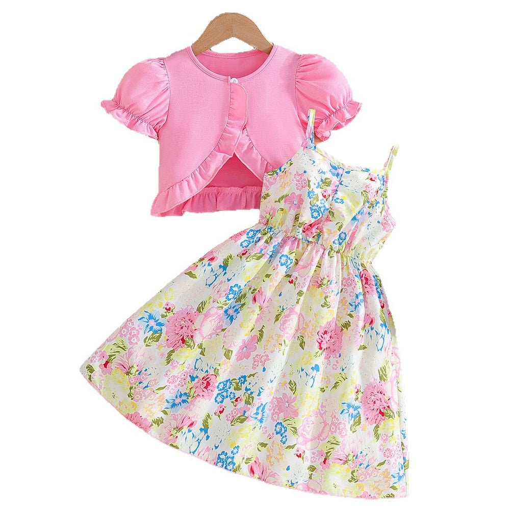 Summer girls' camisole dress with pink lantern sleeve cardigan - oil painting style print skirt - kids' dress set
