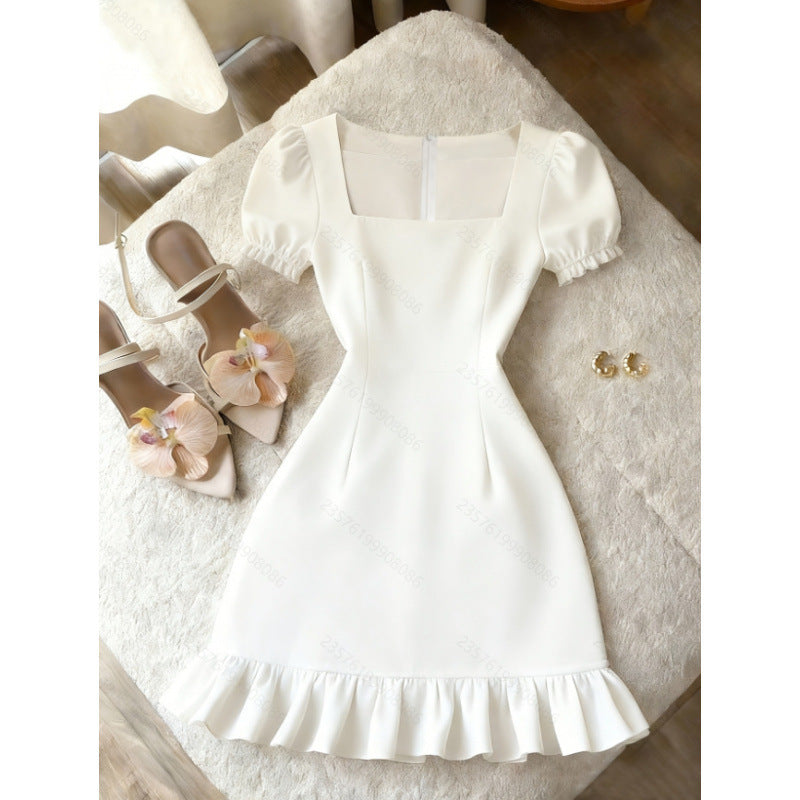 Women's new summer french chic solid color square neck fitted short dress - perfect for going out and dating