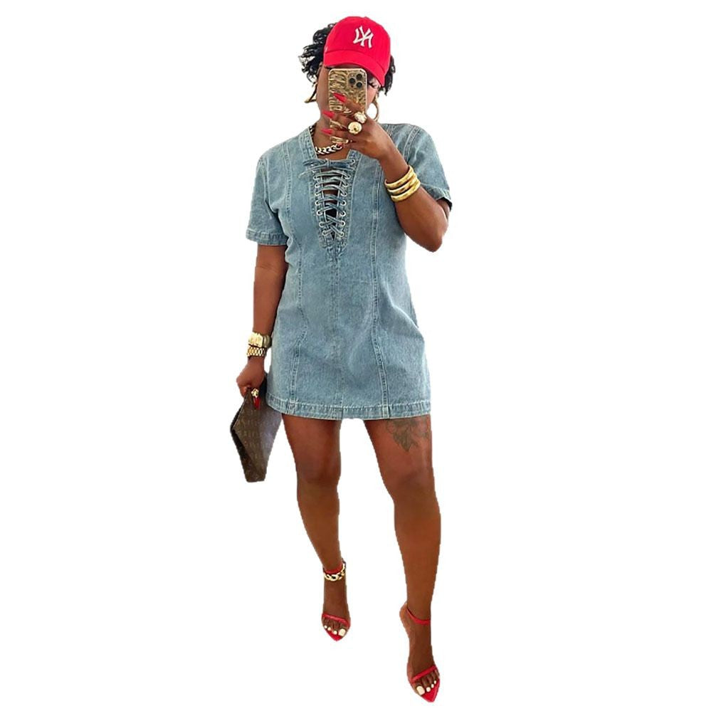 European and american style women's denim dress -  cross-border women's summer streetwear fashion tie-waist short sleeve denim skirt