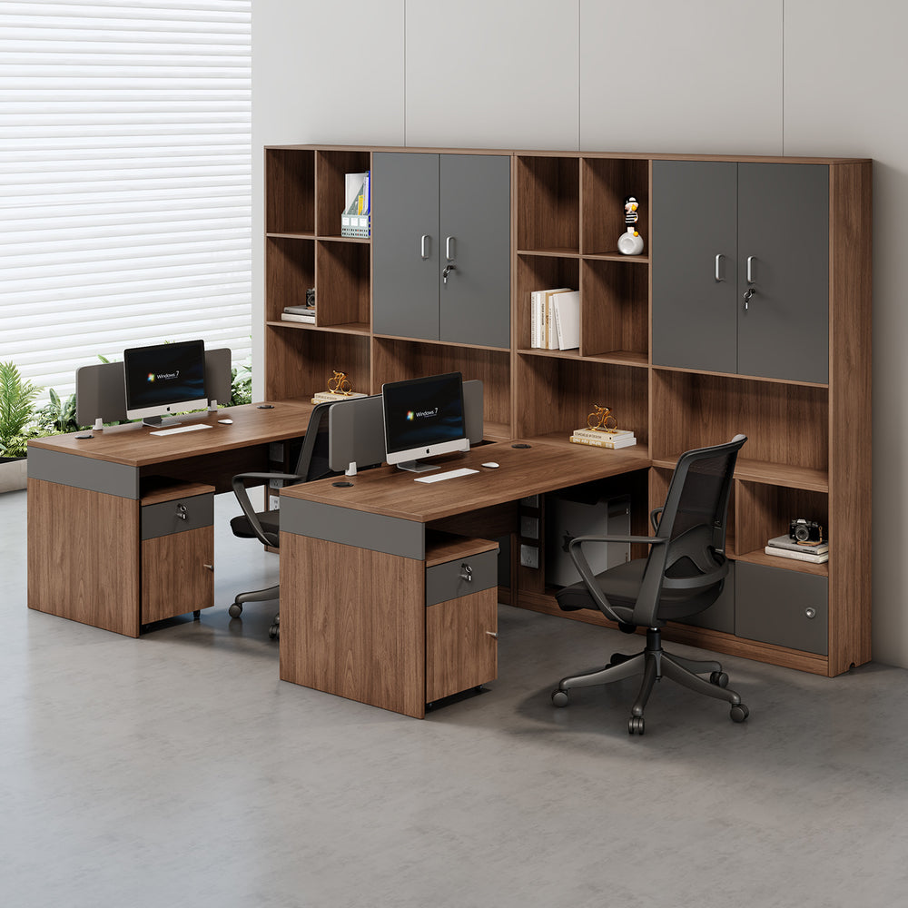 Financial office desk set - executive office desk with high cabinet, two-seat facing configuration for accountants and managers