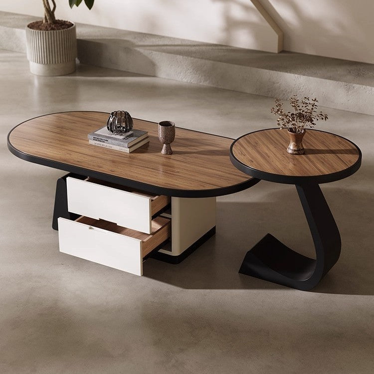 living room home small apartment coffee table oval slate storage solid walnut wood mid-century style with drawer