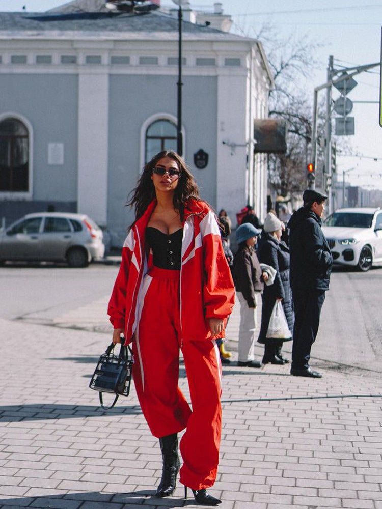 European and American loose casual women's clothing fashion contrasting colors long-sleeved sports cardigan trousers two-piece set women's trousers set women
