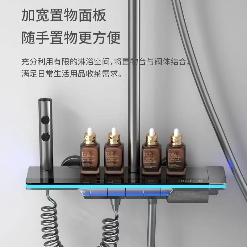 Bathroom shower head suit full copper booster nozzle gray for home thermostatic digital display button ambient light shower head