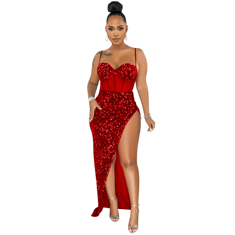 X5843   fashion fashion sling beads mesh see-through irregular slit dress for women