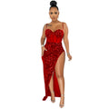 X5843   fashion fashion sling beads mesh see-through irregular slit dress for women