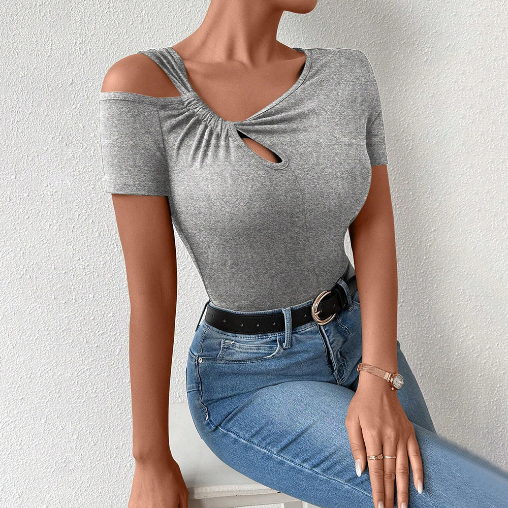 spring/summer new arrival: cross-border european and american style fashionable minimalist t-shirt - asymmetrical slant neck cropped top