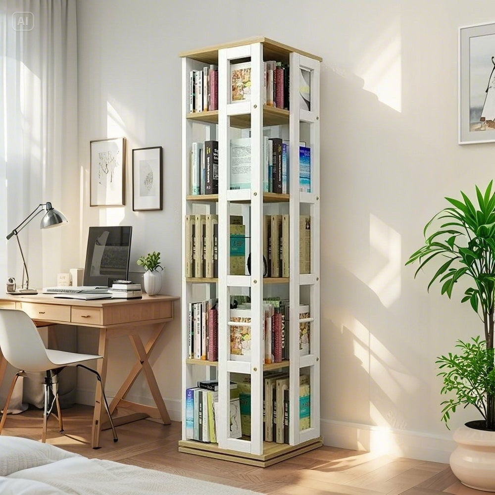 Rotating student bookshelf bookcase, mobile multi-tier kids storage floor rack, simple organizer, multifunctional living room shelf
