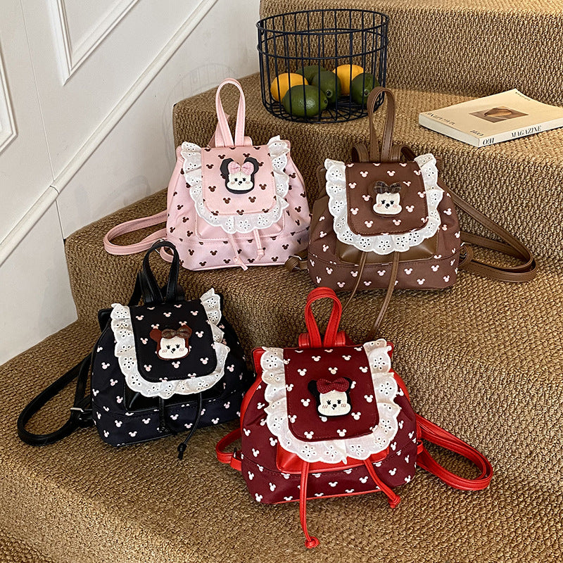 Sweet and cute fashion flip-top backpack for female students, new autumn and winter lace schoolbag, cartoon girl backpack
