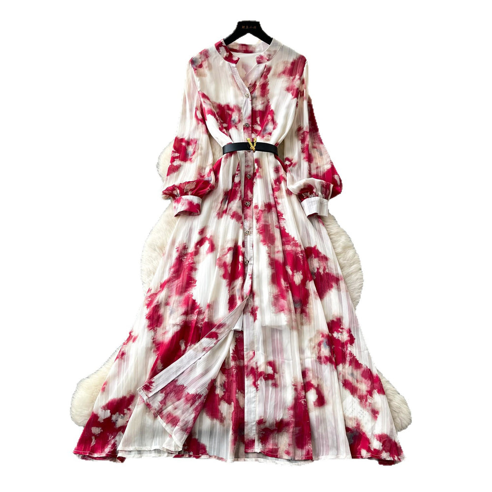 French-inspired, ombre print maxi dress - women's spring/autumn long sleeve v-neck, slim fit, elegant and chic