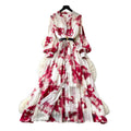 French-inspired, ombre print maxi dress - women's spring/autumn long sleeve v-neck, slim fit, elegant and chic