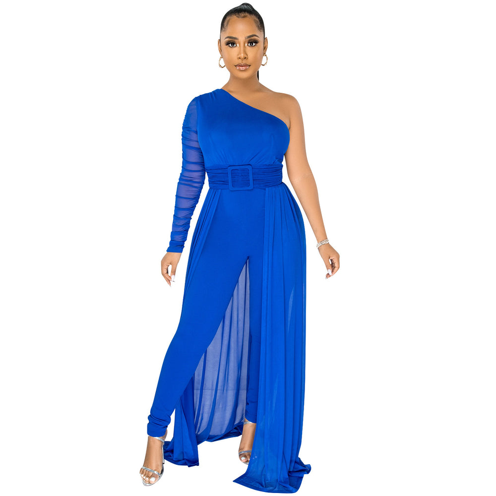 X5675 cross-border   pure colorsexy mesh see-through one-shoulder slanted collar long-sleeved pants jumpsuit for women
