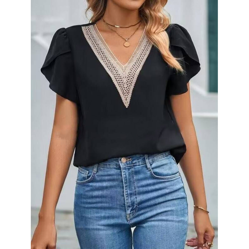 european and american cross-border e-commerce: new summer v-neck petal sleeve short-sleeve solid color top for women