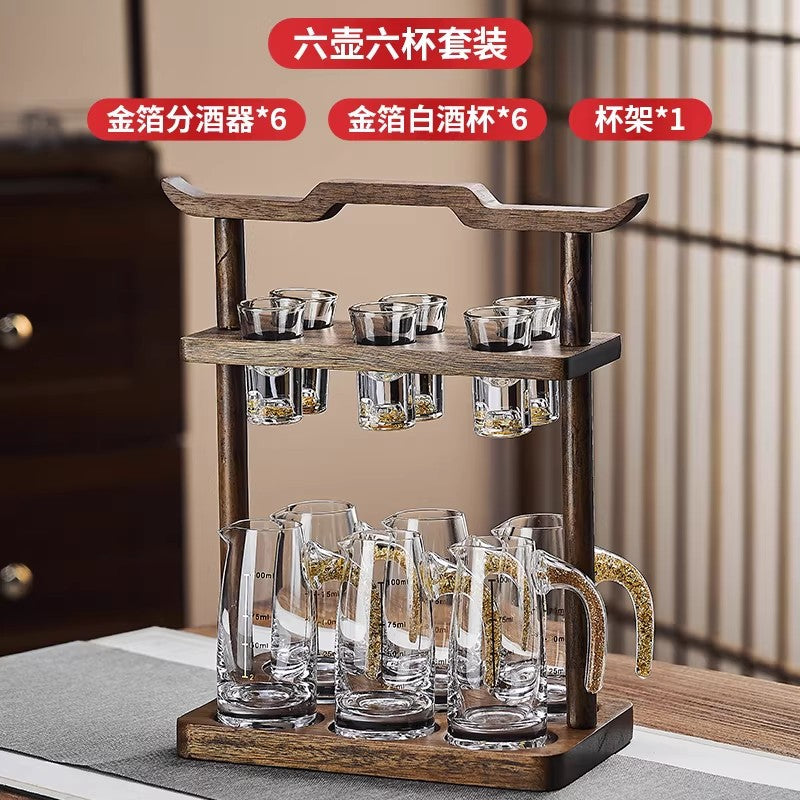 High-end acacia wood white wine glass set - home use, light luxury crystal glass shot glasses, gold foil wine pourer, barware set